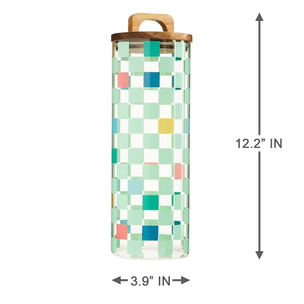 REAL SIMPLE Green Check Print Glass Canister with Acacia Lid, 62oz