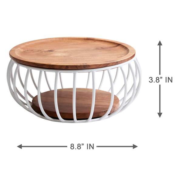 REAL SIMPLE Small White Metal Wire Fruit Basket with Acacia Wood Lid, 9"