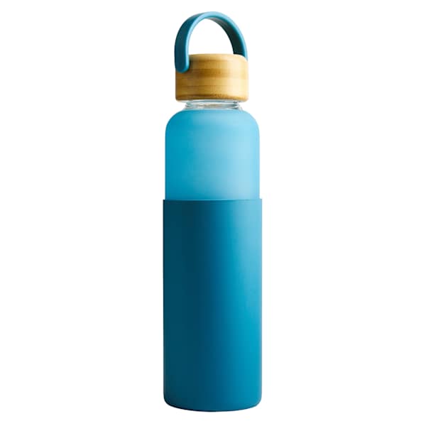 REAL SIMPLE Blue Glass Silicone Sleeve Bottle with Ring Top Carrier, 18oz