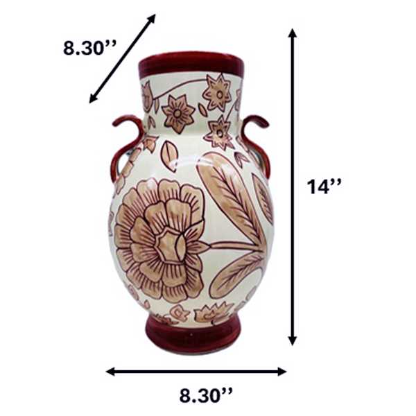 Coral Handpainted Pattern Vase with Handles, 14"