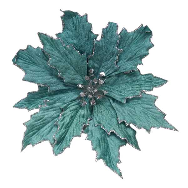 Teal Poinsettia Clip, 9.4"