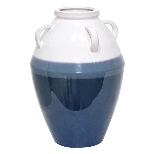 White and Blue Ceramic Vase with Handles, 13.4"