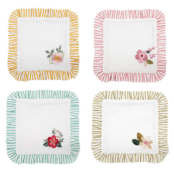 Set of 4 Ruffle Floral Embroidered Cocktail Napkins, 6"