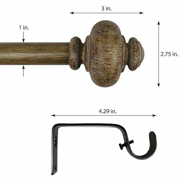 Atlanta 1" Wood Finish Urn Style Curtain Rod, 72-120"
