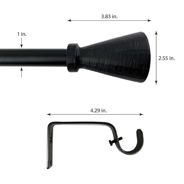 1" Black Textured Cone Curtain Rod, 36-72"