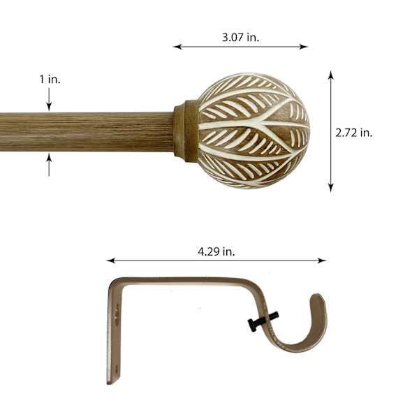 1" Wood Finish Etched Ball Curtain Rod, 36-72"