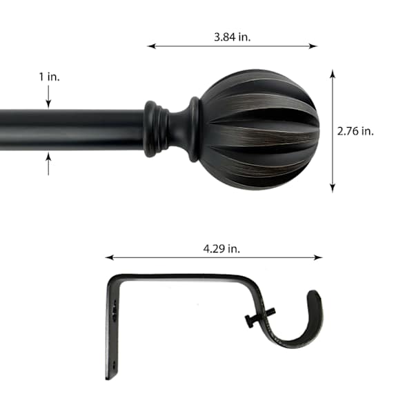1" Black Flute Ball Curtain Rod, 72-120"