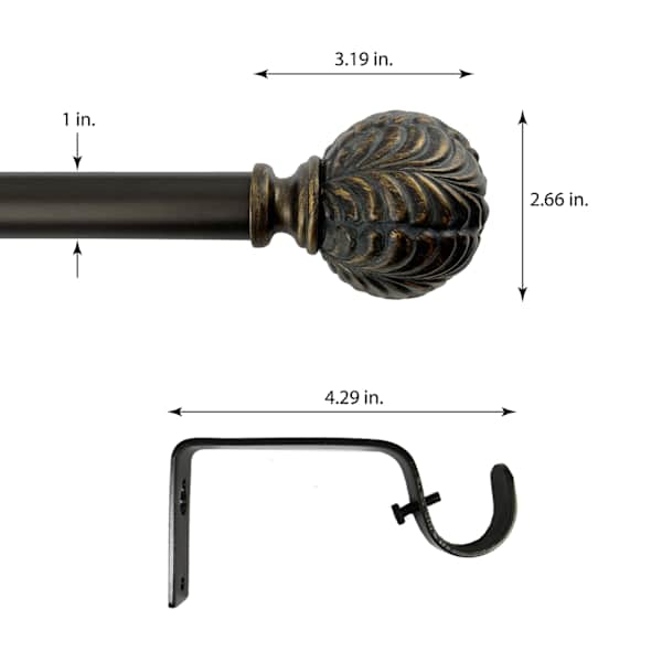 1" Bronze Etched Leaf Ball Curtain Rod, 36-72"