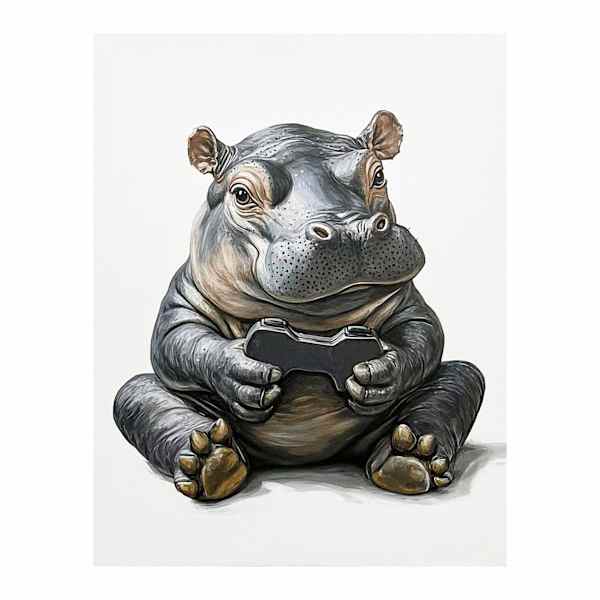 Gamer Hippo Canvas Wall Art, 12x16