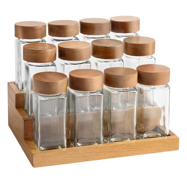 REAL SIMPLE Set of 12 Spice Jars with Tiered Acacia Wood Rack