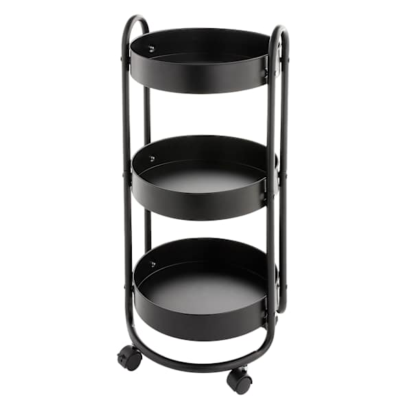 REAL SIMPLE 3-Tier Round Metal Rolling Cart, Black