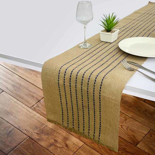 Jute Table Runner with Blue Stitching, 14x72