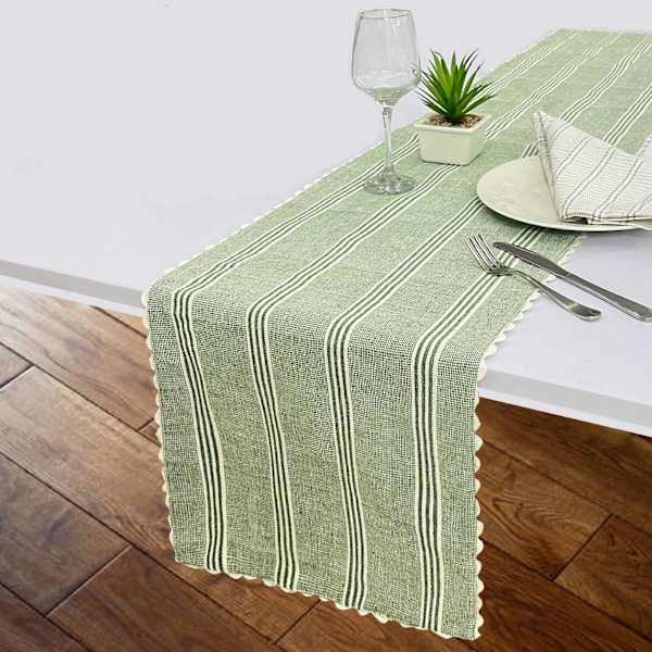 Green Scallop Woven Stripe Table Runner, 14x72