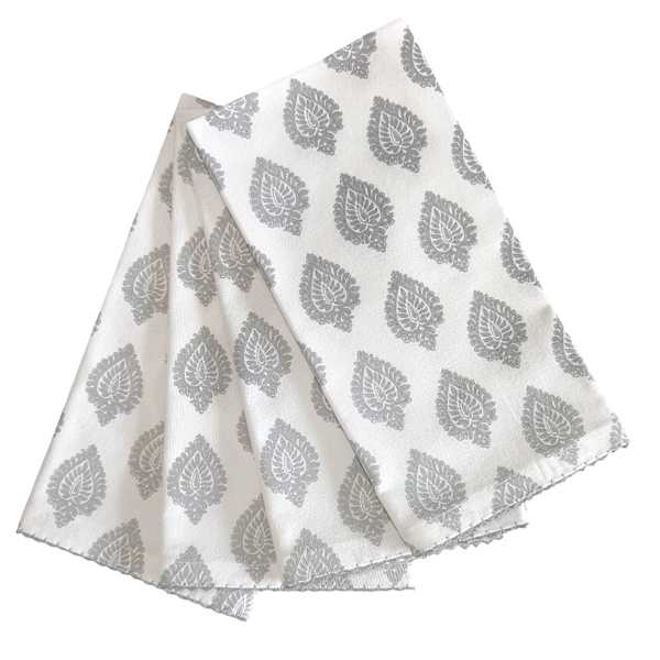 Set of 4 Tana Bana Grey Block Print Medallion Napkin with Lace Trim