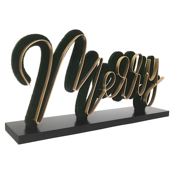 Gilded Evergreen Merry Table Sign, 16"