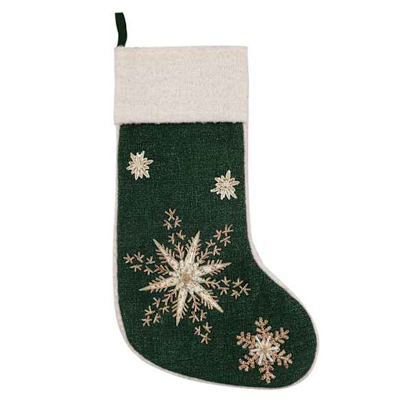 Green Snowflake Embroidered Stocking, 19"