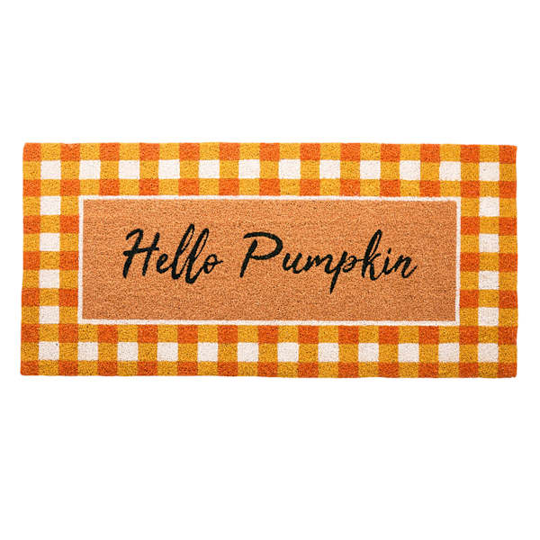 Homespun Harvest Hello Pumpkin Plaid Border Coir Mat, 22x47