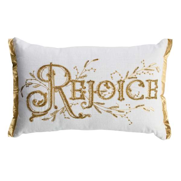 Rejoice Gold Embroidered Throw Pillow, 14x22