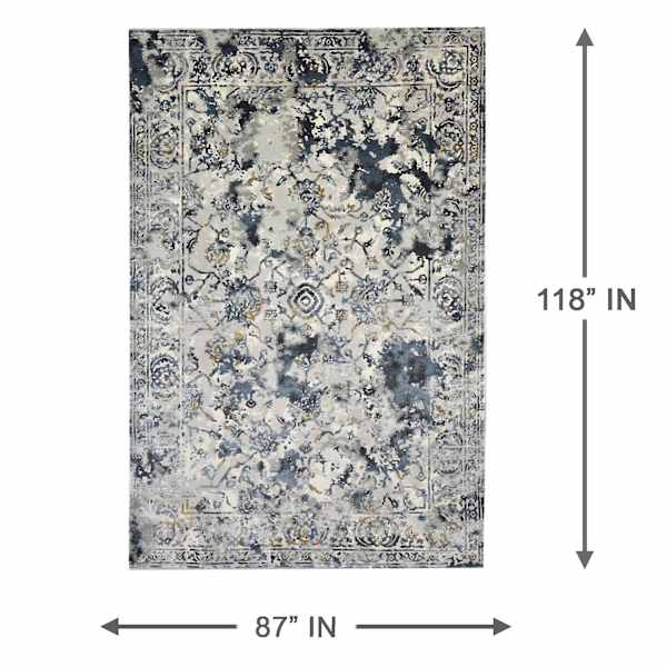 (B551) Magnolia Blue Vintage Floral Area Rug, 7x10
