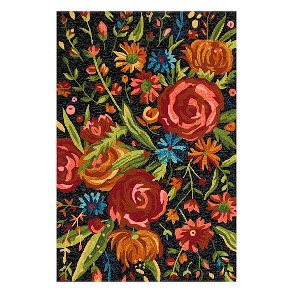 (E255) Santa Monica Black Floral Indoor & Outdoor Area Rug, 8x10