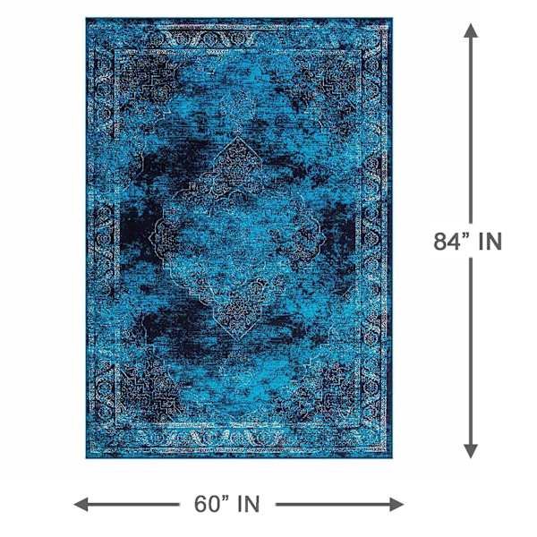 (D416) Antika Navy Blue Vintage Medallion Area Rug, 5x7
