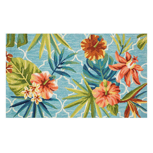 (E227) Santa Monica Trellis Aqua Floral Indoor & Outdoor Accent Rug, 2x4