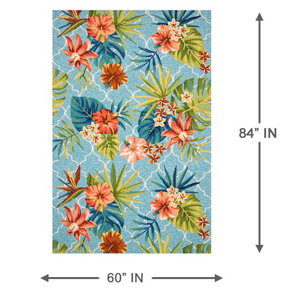 (E227) Santa Monica Trellis Aqua Floral Indoor & Outdoor Area Rug, 5x7