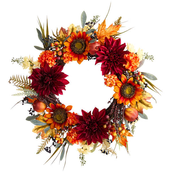 Maple Leaf Dahlia Sunflower Wreath, 24"