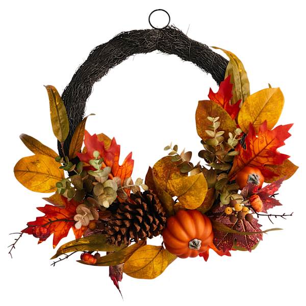 Pumpkin Fall Leaves Wreath, 22"