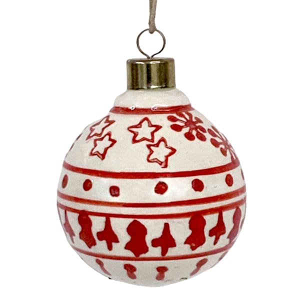 Ceramic Red & Ivory Ornate Pattern Ornament, 3"