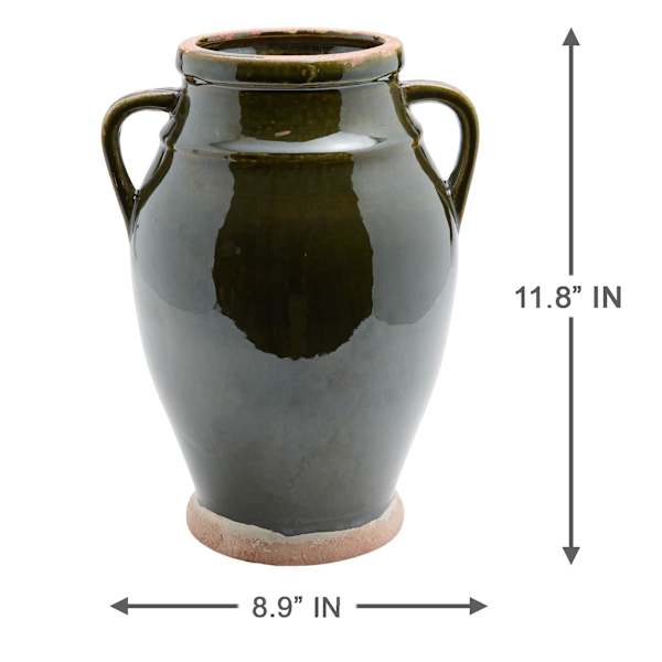 Olive Terra Ceramic Vase with Handles, 11.8"