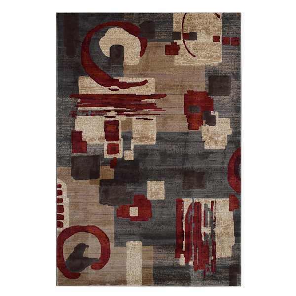 (B142) Modern Beige & Red Abstract Area Rug, 5x7