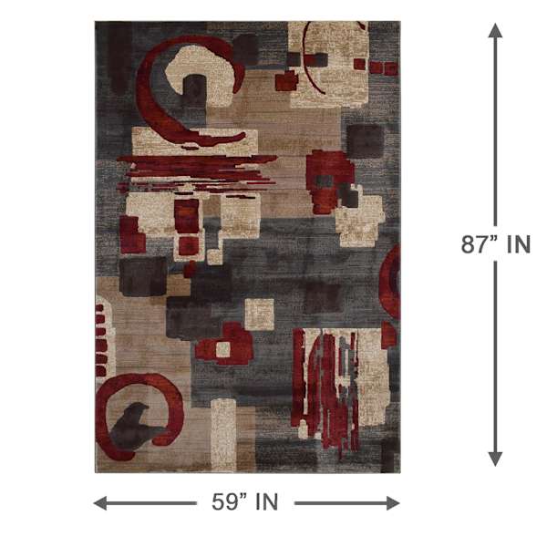 (B142) Modern Beige & Red Abstract Area Rug, 5x7