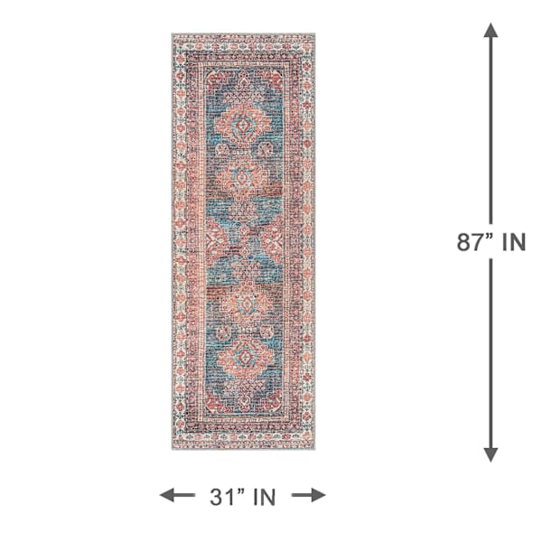 (B859) Colin Red & Blue Multi Medallion Washable Runner, 2x7