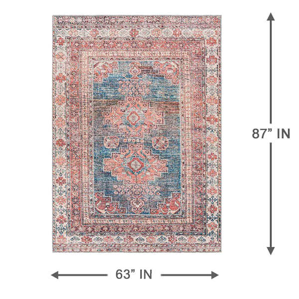 (B859) Colin Red & Blue Multi Medallion Washable Area Rug, 5x7