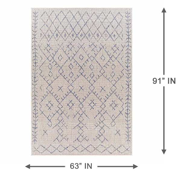 (E546) Eagean Ivory & Blue Moroccan Area Rug, 5x7