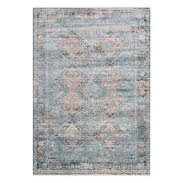 (B652) Genevieve Red & Blue Distress Look Area Rug, 5x8