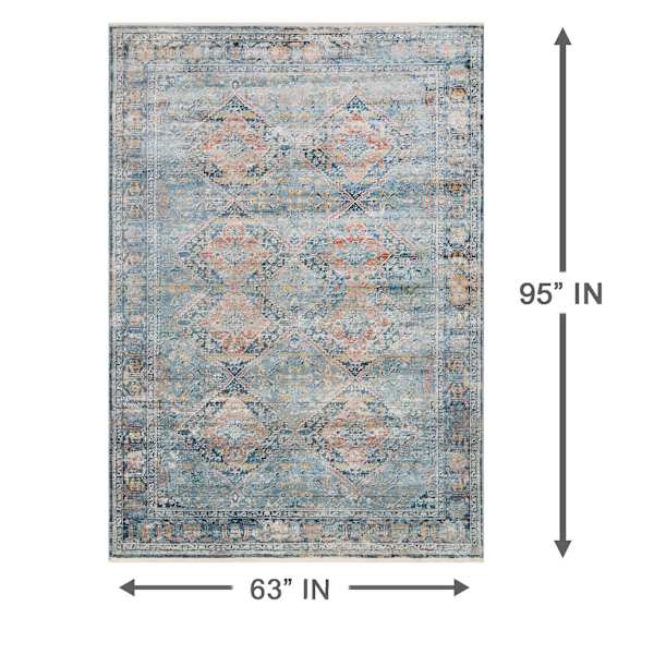 (B652) Genevieve Red & Blue Distress Look Area Rug, 5x8
