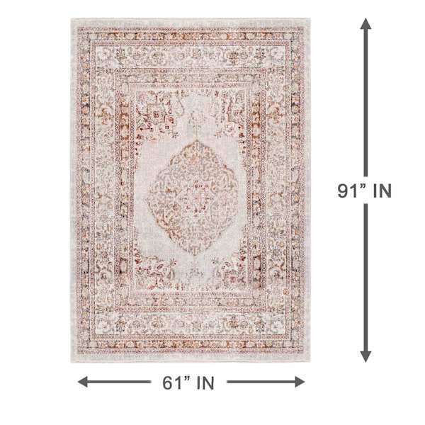 (B657) Blue & Ivory Faded Traditional Medallion Design Area Rug, 5x8