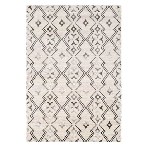 (A463) Raymond Ivory & Dark Grey Moroccan Styled Area Rug, 5x8