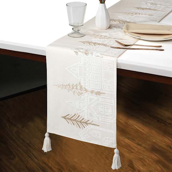 Arctic Wonderland Natural Repeat Tree & House Table Runner