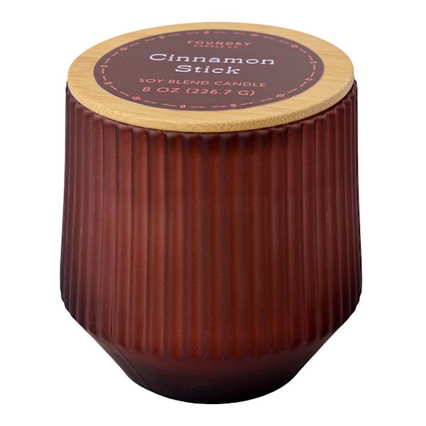 Cinnamon Stick Scented Deep Red Frosted Ribbed Glass Candle with Wood Lid, 8oz