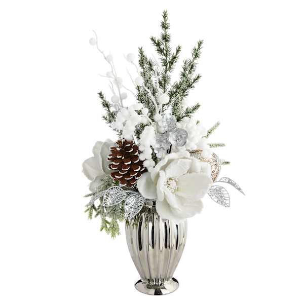 Magnolia, Berries & Ornament Balls in Silver Ceramic Pot, 21"