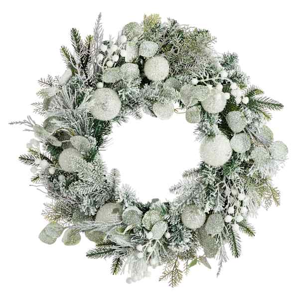 Tinsel Ball, Snow Berry, Eucalyptus & Pine Wreath, 24"
