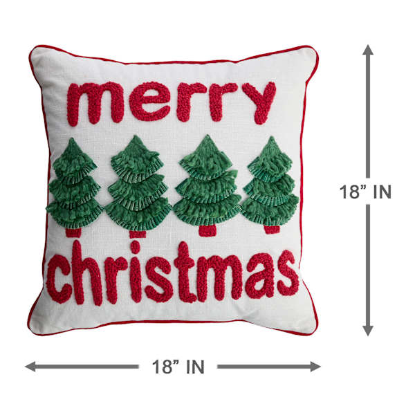Merry Christmas Embroidered Throw Pillow with Trees, 18"