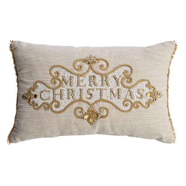 Beaded Merry Christmas Oblong Throw Pillow,14x22