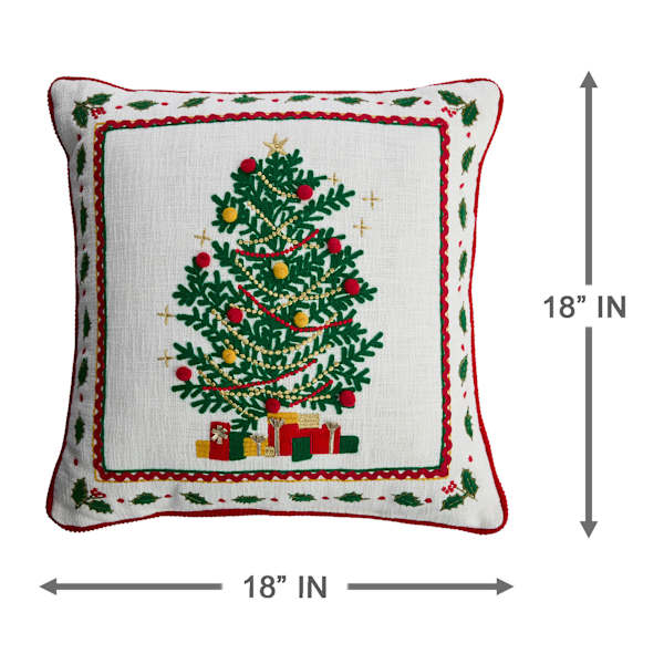 Christmas Tree Embroidered Throw Pillow with Border, 18"