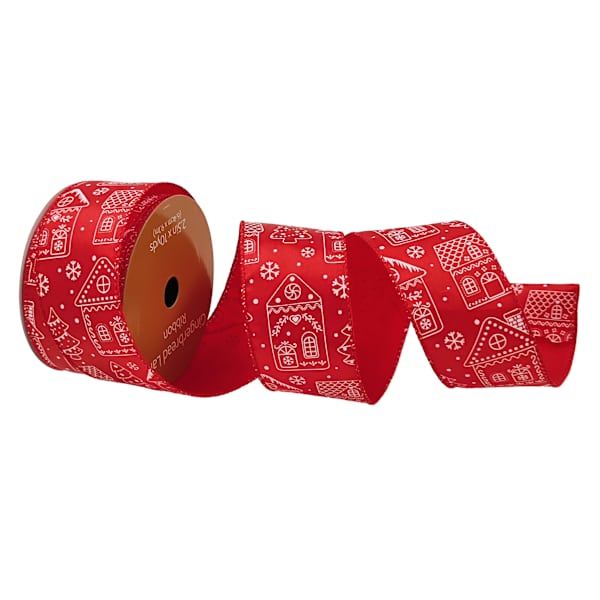 2.5" Red Gingerbread House Ribbon, 10yd