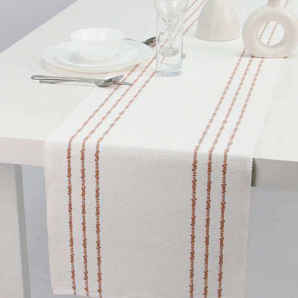 Ivory Ribbed Table Runner with Rose Insert Stripes, 14x72