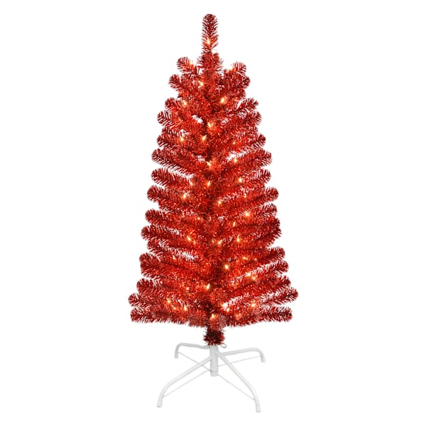 (A11) Pre-Lit Red Tinsel Christmas Tree, 4'